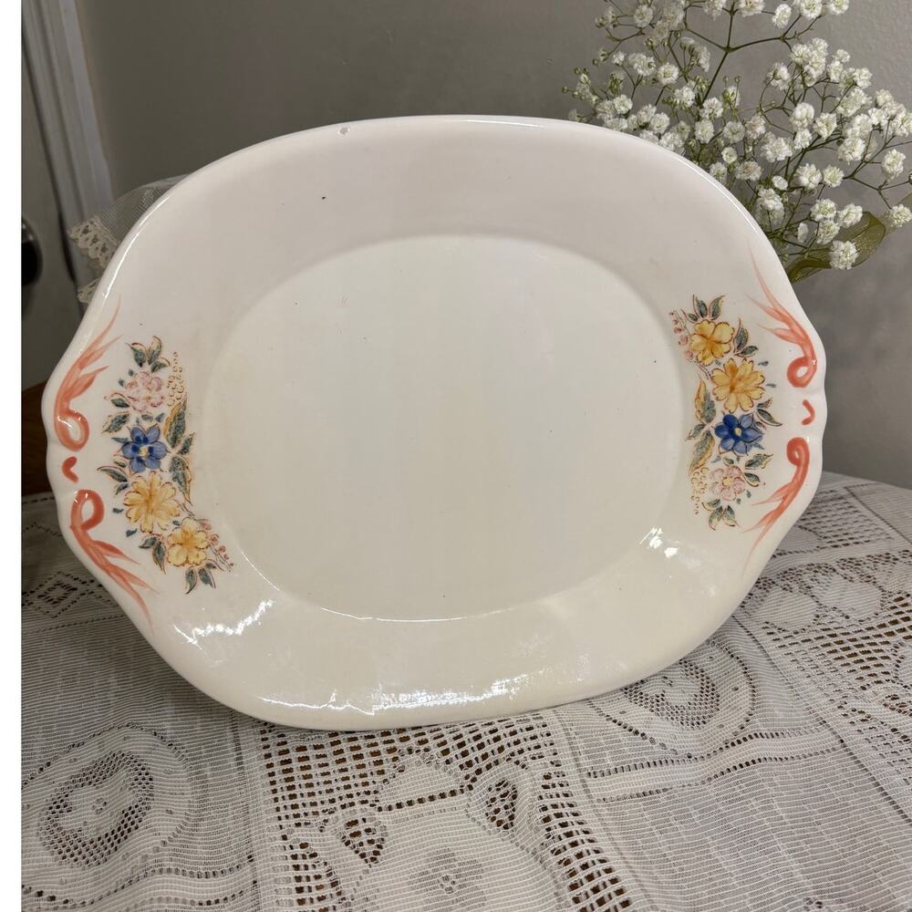 Vintage Japanese Ironstone Oval Floral Serving Platter MCM Vanity Ribbon Country